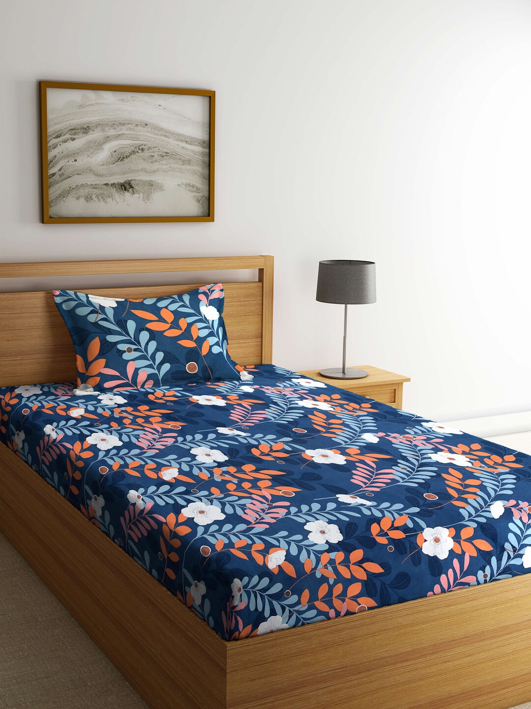 

Arrabi Navy Blue & White Floral 300 TC Single Bedsheet with 1 Pillow Cover