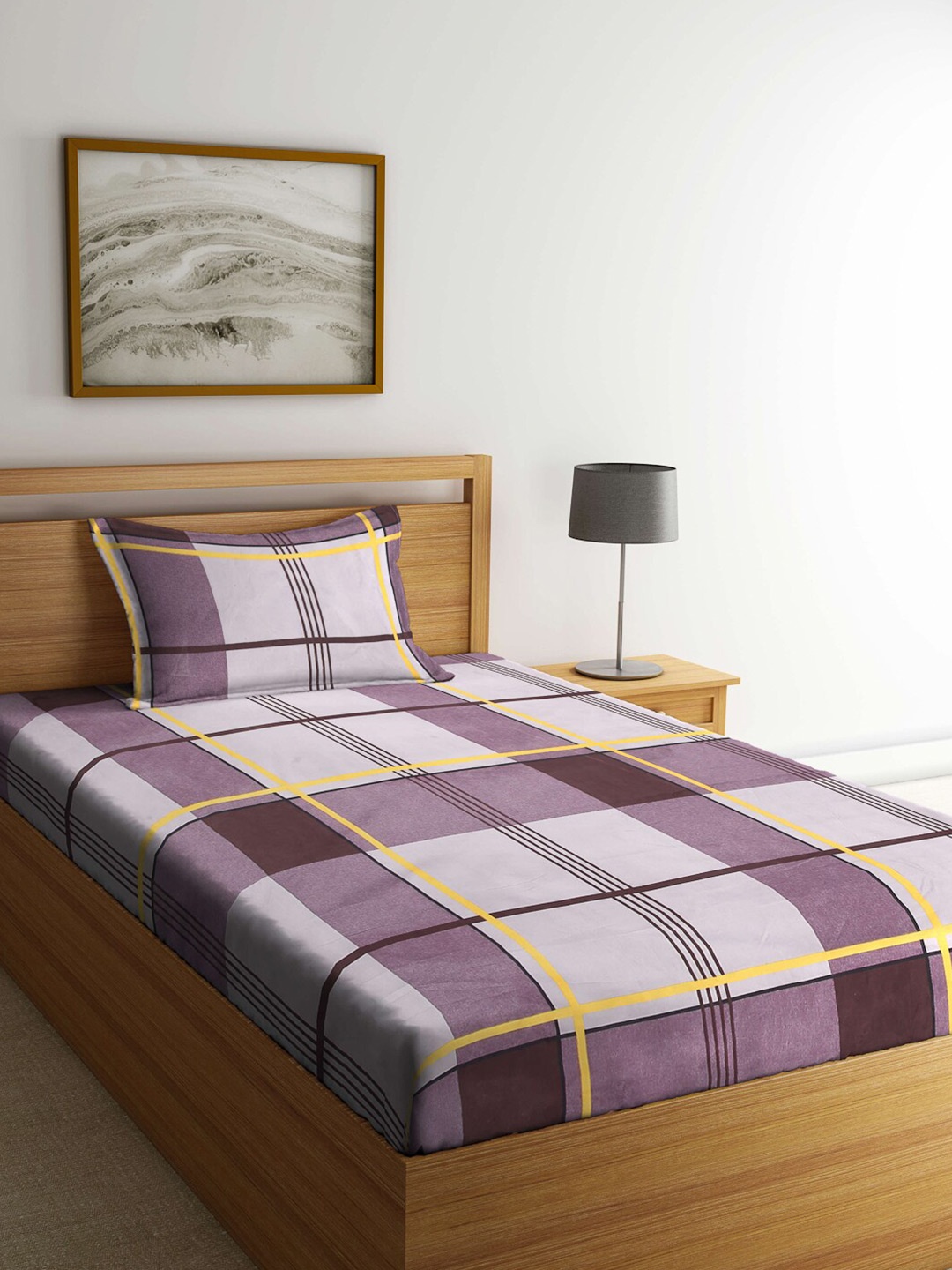 

Arrabi Purple & Yellow Geometric 300 TC Single Bedsheet with 1 Pillow Covers