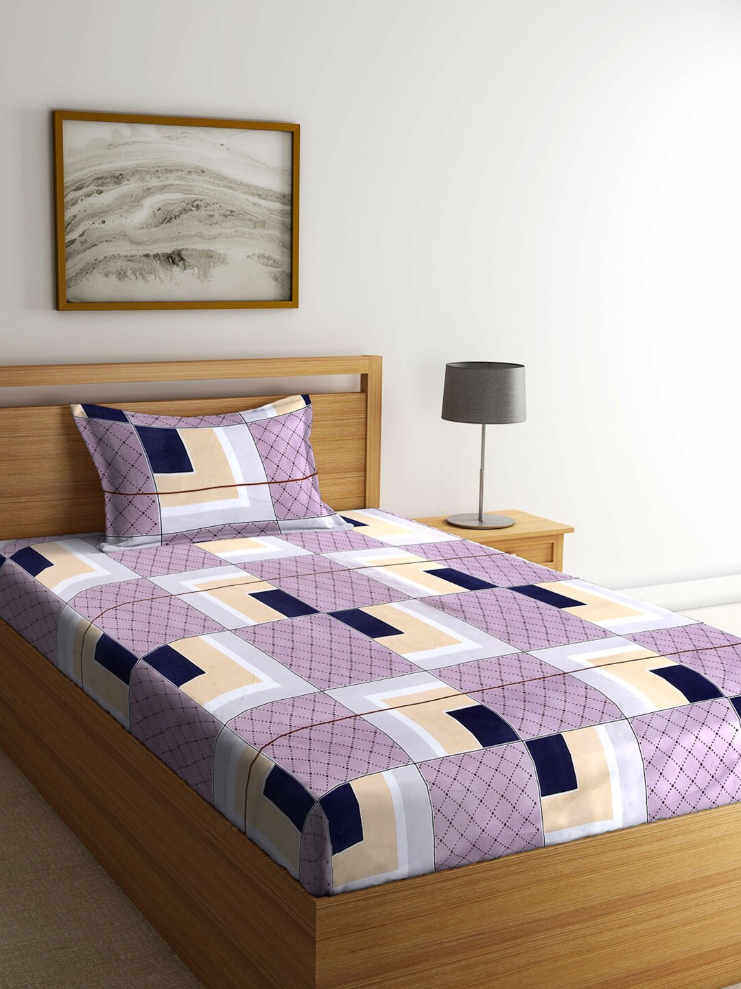 

Arrabi Purple & Black Geometric 300 TC Single Bedsheet with 1 Pillow Covers