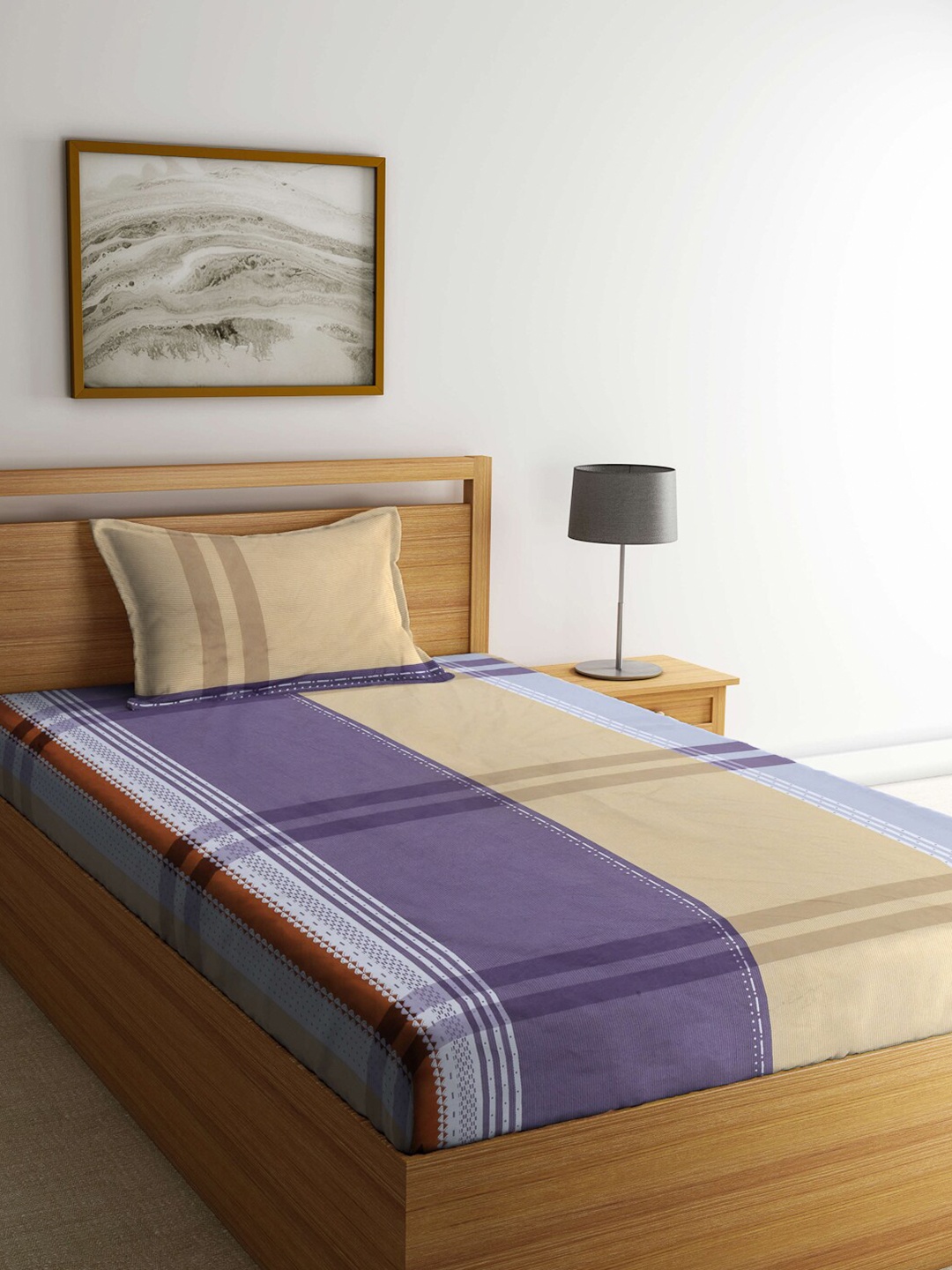 

Arrabi Beige & Blue Striped 300 TC Single Bedsheet with 1 Pillow Cover