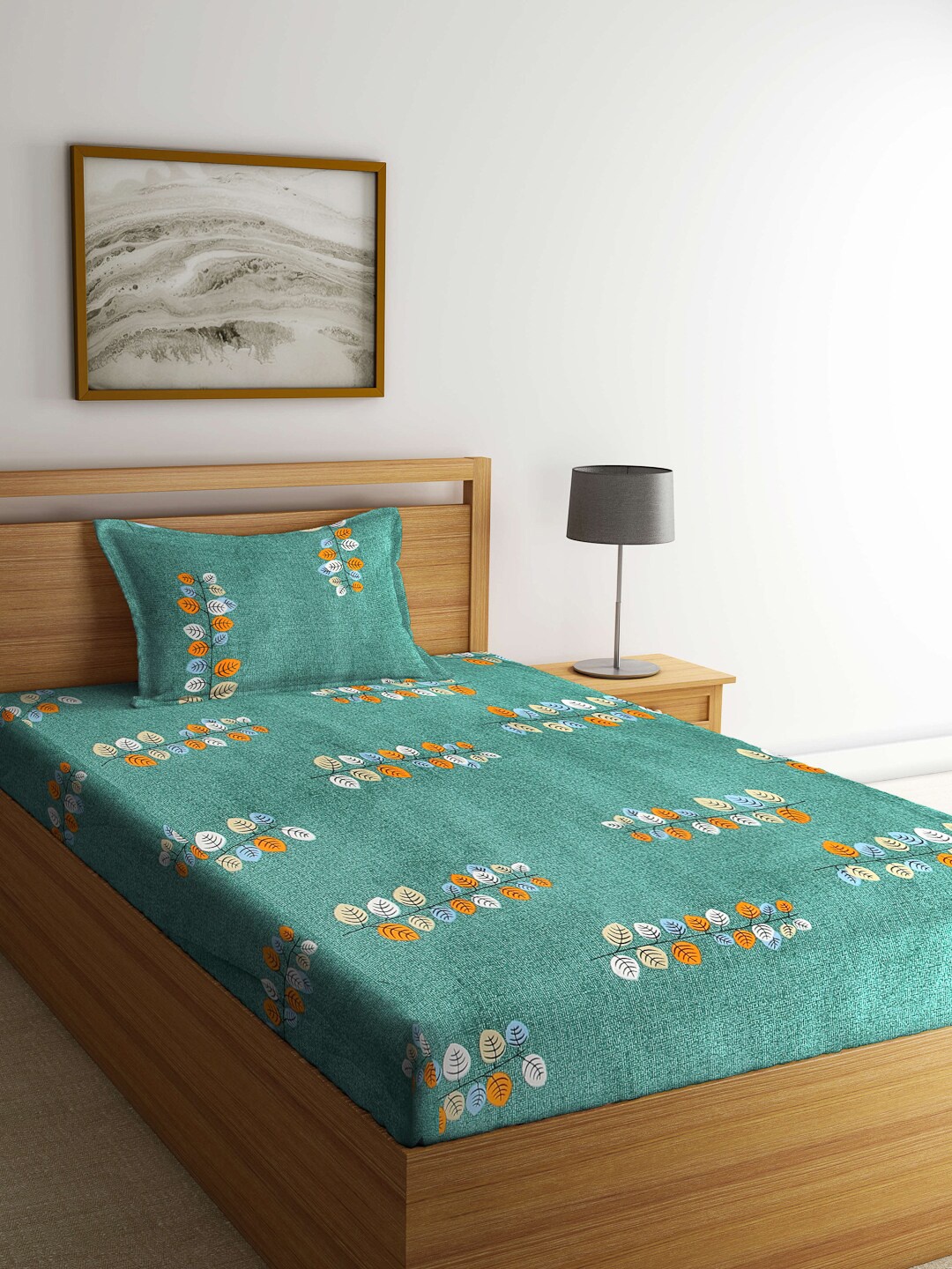 

Arrabi Green & Blue Floral 300 TC Single Bedsheet with 1 Pillow Cover