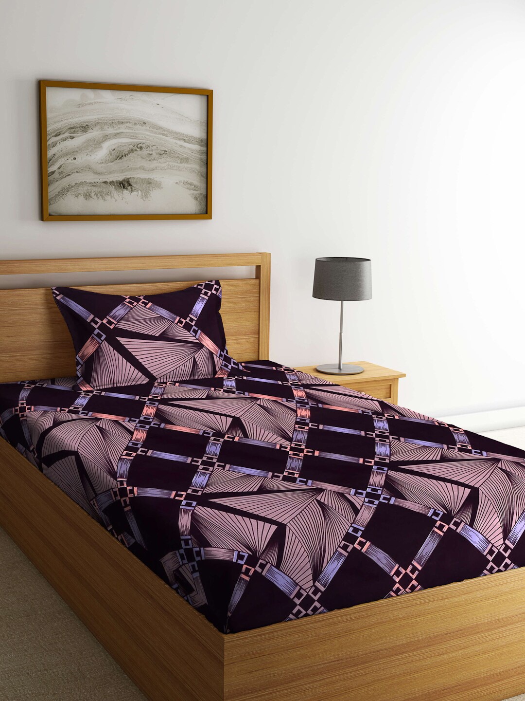

Arrabi Purple & Pink Geometric 300 TC Single Bedsheet with 1 Pillow Covers