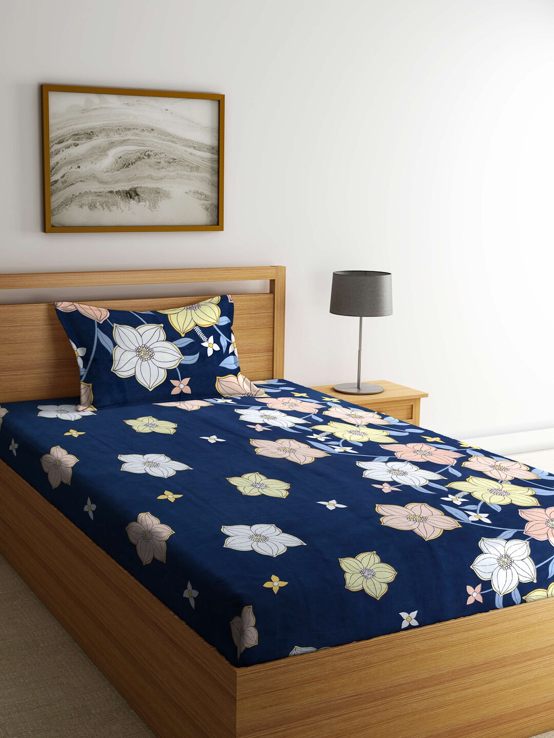 

Arrabi Blue & White Floral Printed 300 TC Cotton Single Bedsheet with 1 Pillow Cover