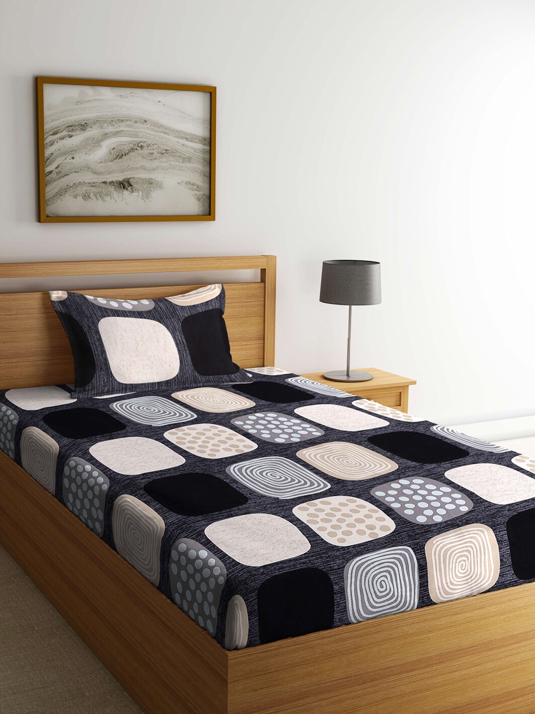 

Arrabi Black & Cream-Coloured 300 TC Single Bedsheet with 1 Pillow Covers