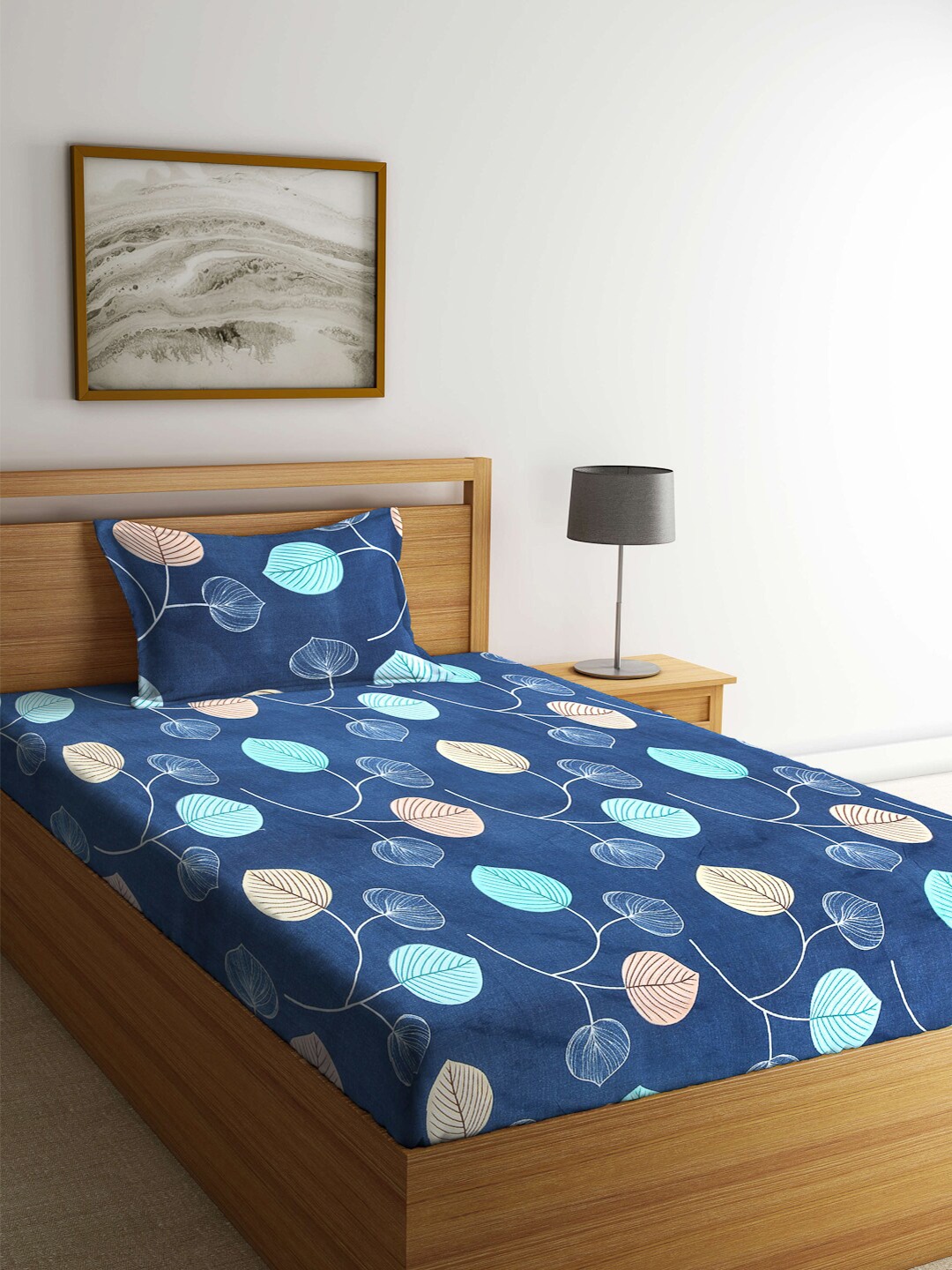 

Arrabi Blue & Peach Printed 300 TC Cotton Blend Single Bedsheet with 1 Pillow Cover
