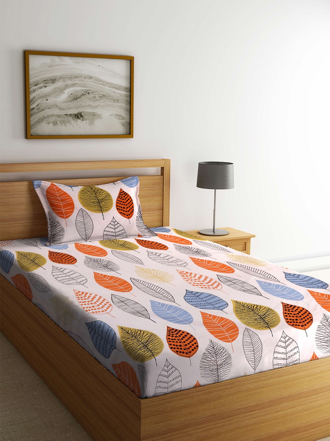 

Arrabi Peach-Coloured & Blue Conversational 300 TC Single Bedsheet with 1 Pillow Cover