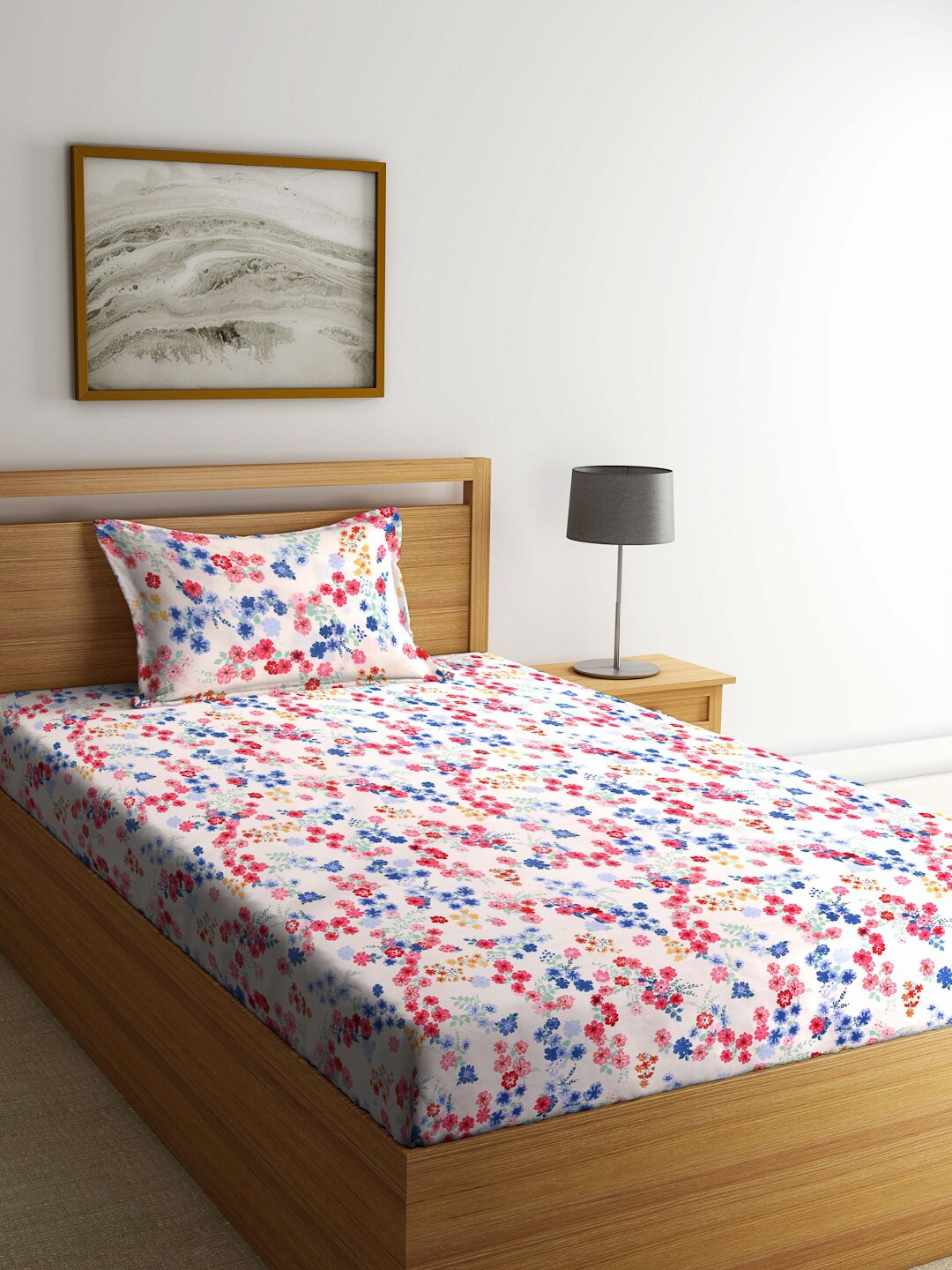 

Arrabi White & Pink Floral Printed 300 TC Cotton Single Bedsheet with 1 Pillow Cover