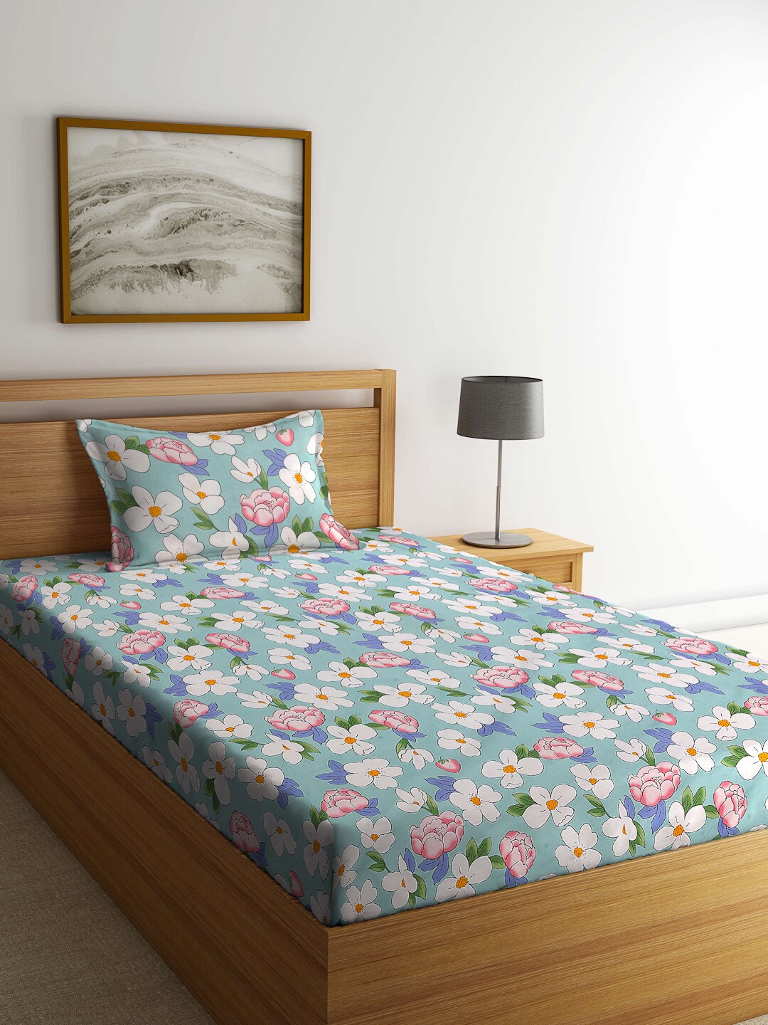 

Arrabi Blue & White Floral 300 TC Single Bedsheet with 1 Pillow Covers