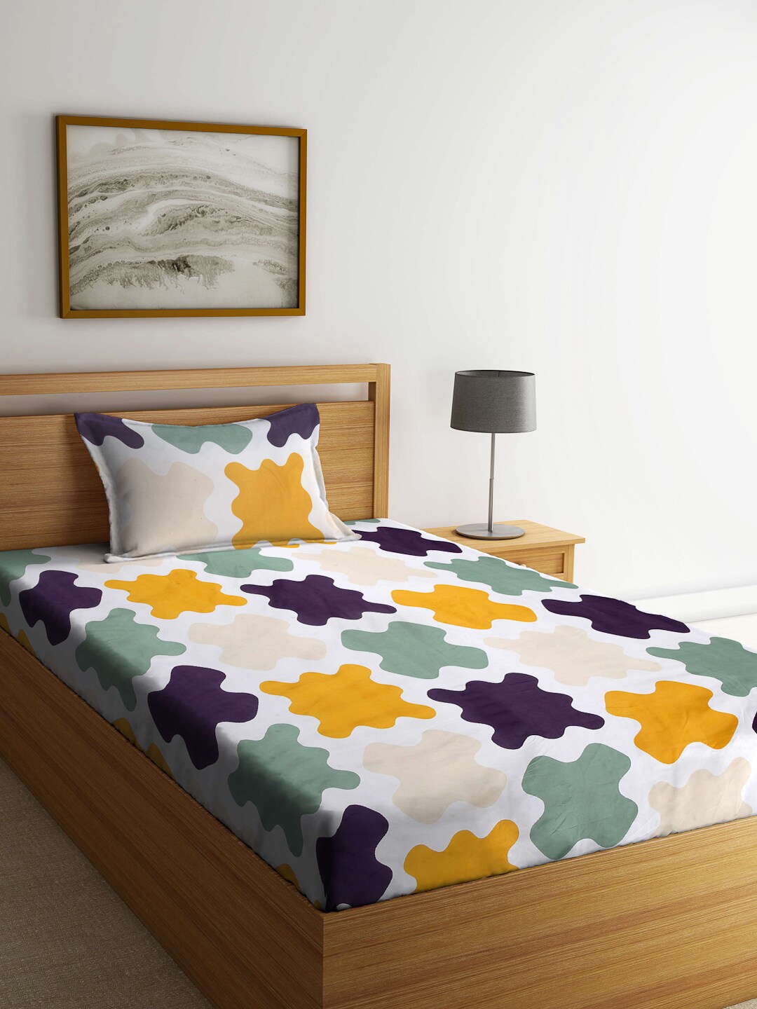 

Arrabi White & Mustard Geometric 300 TC Single Bedsheet with 1 Pillow Covers