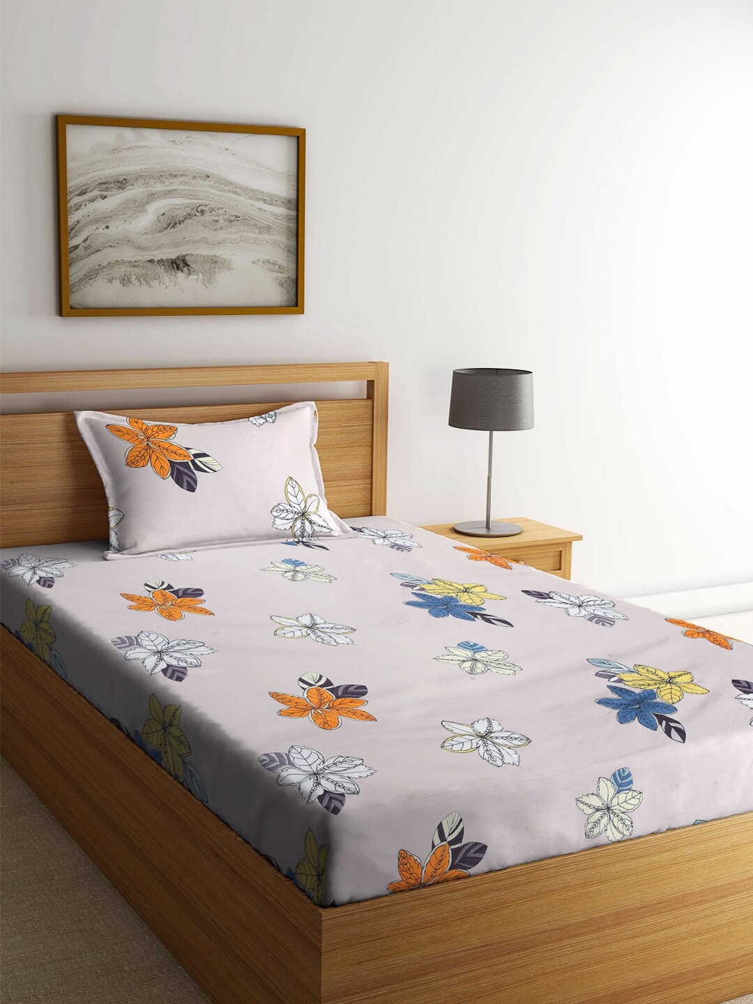 

Arrabi Beige & Yellow Floral 300 TC Single Bedsheet with 1 Pillow Cover