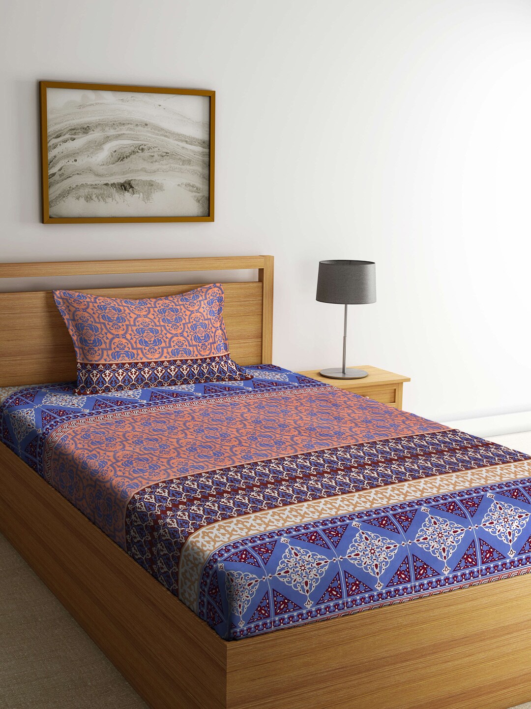 

Arrabi Brown & Blue Ethnic Motifs 300 TC Polycotton Single Bedsheet with 1 Pillow Covers