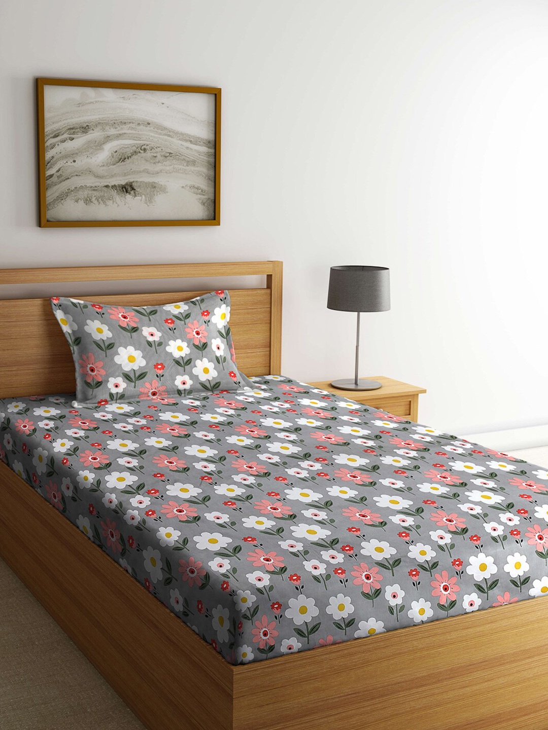 

Arrabi Grey & Pink Floral 300 TC Single Bedsheet with 1 Pillow Cover