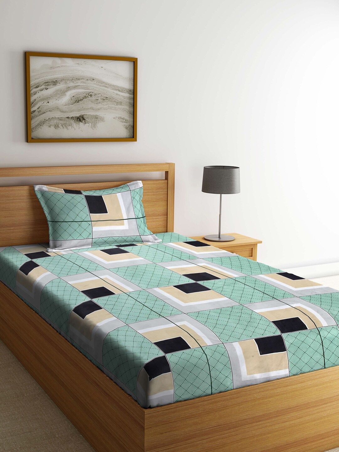 

Arrabi Green & Black Geometric 300 TC Single Bedsheet with 1 Pillow Covers