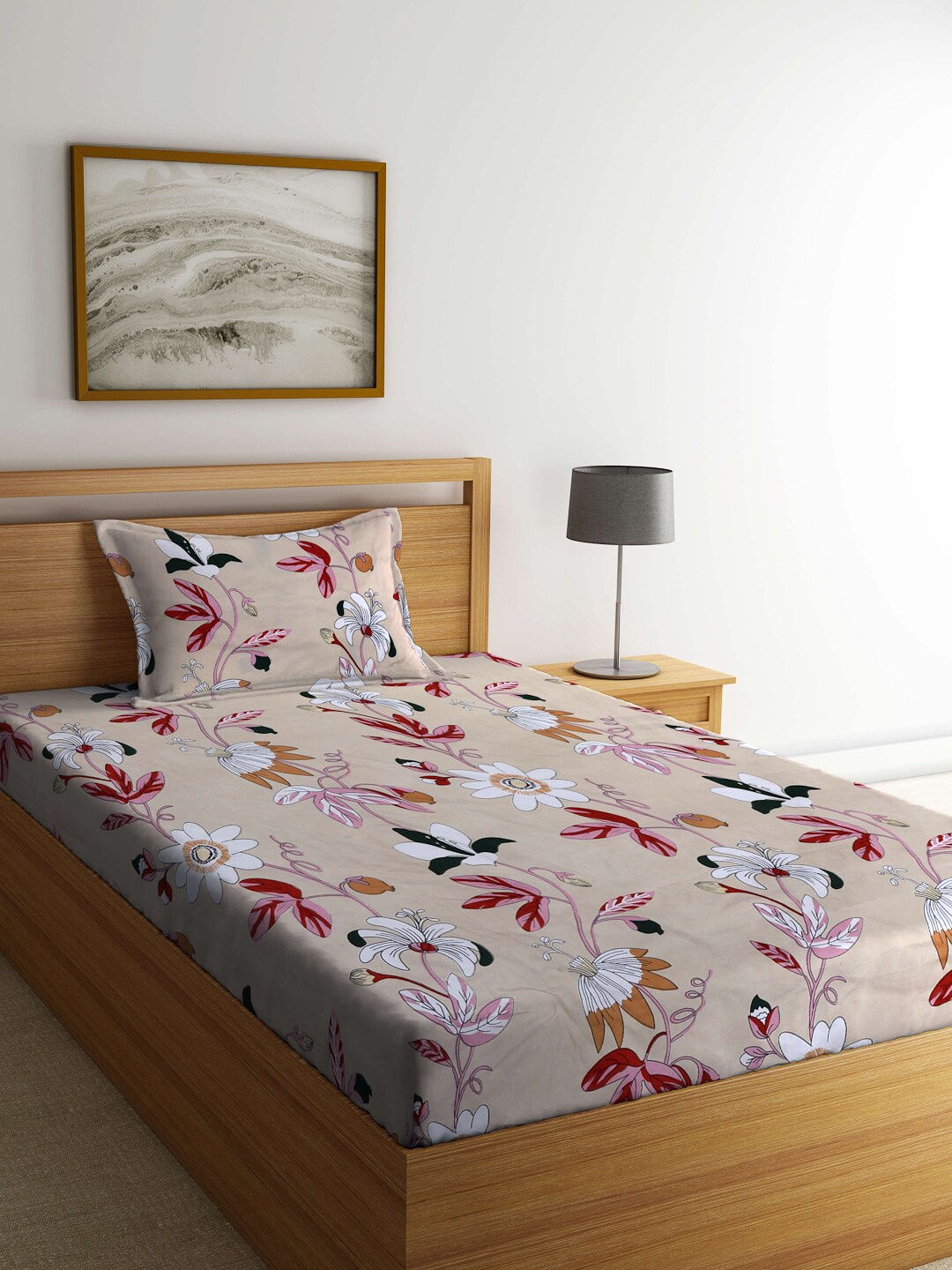 

Arrabi 300 TC Brown & White Floral Single Bedsheet with 1 Pillow Cover