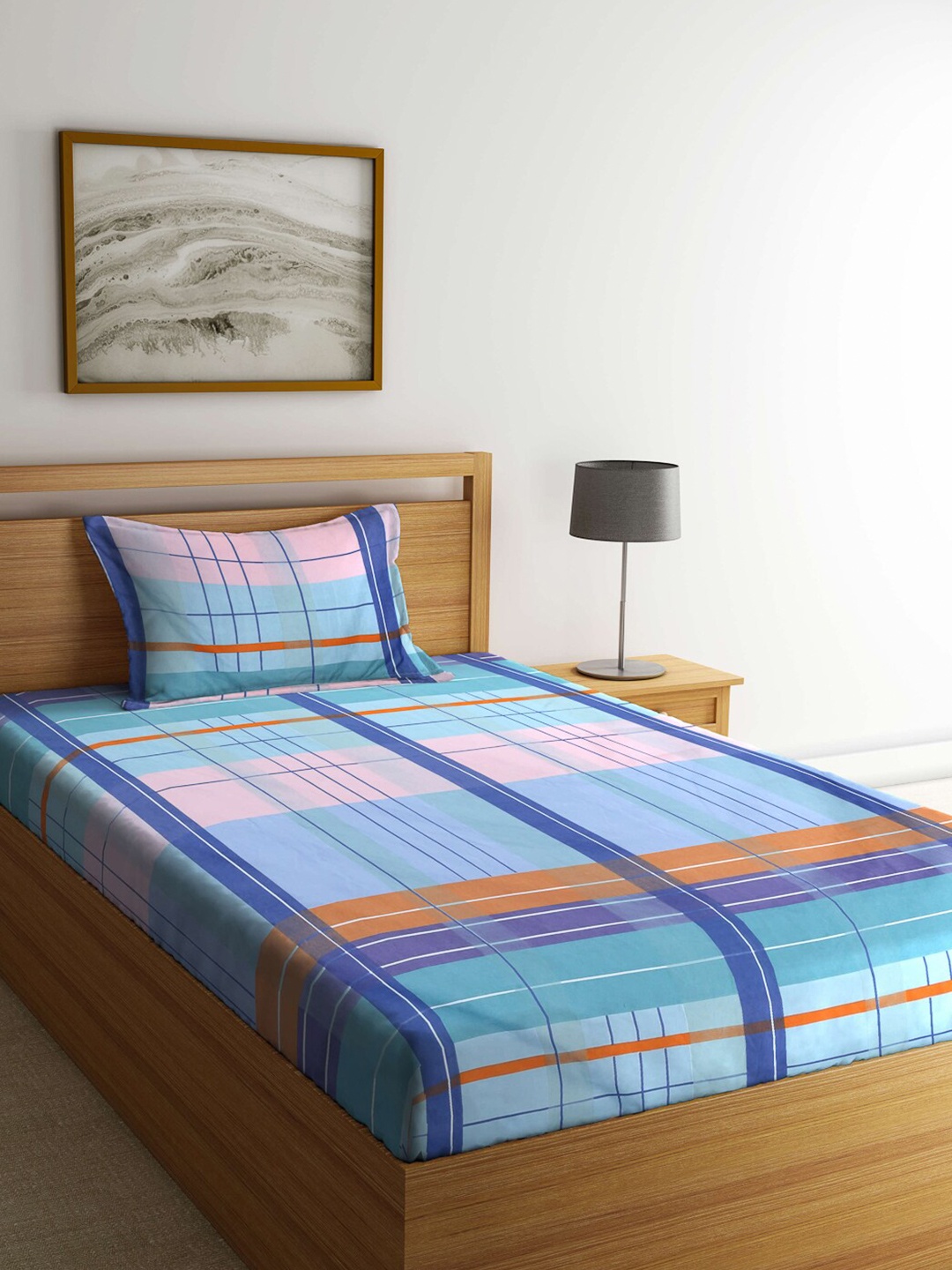

Arrabi Blue & Pink Geometric 300 TC Single Bedsheet with 1 Pillow Covers