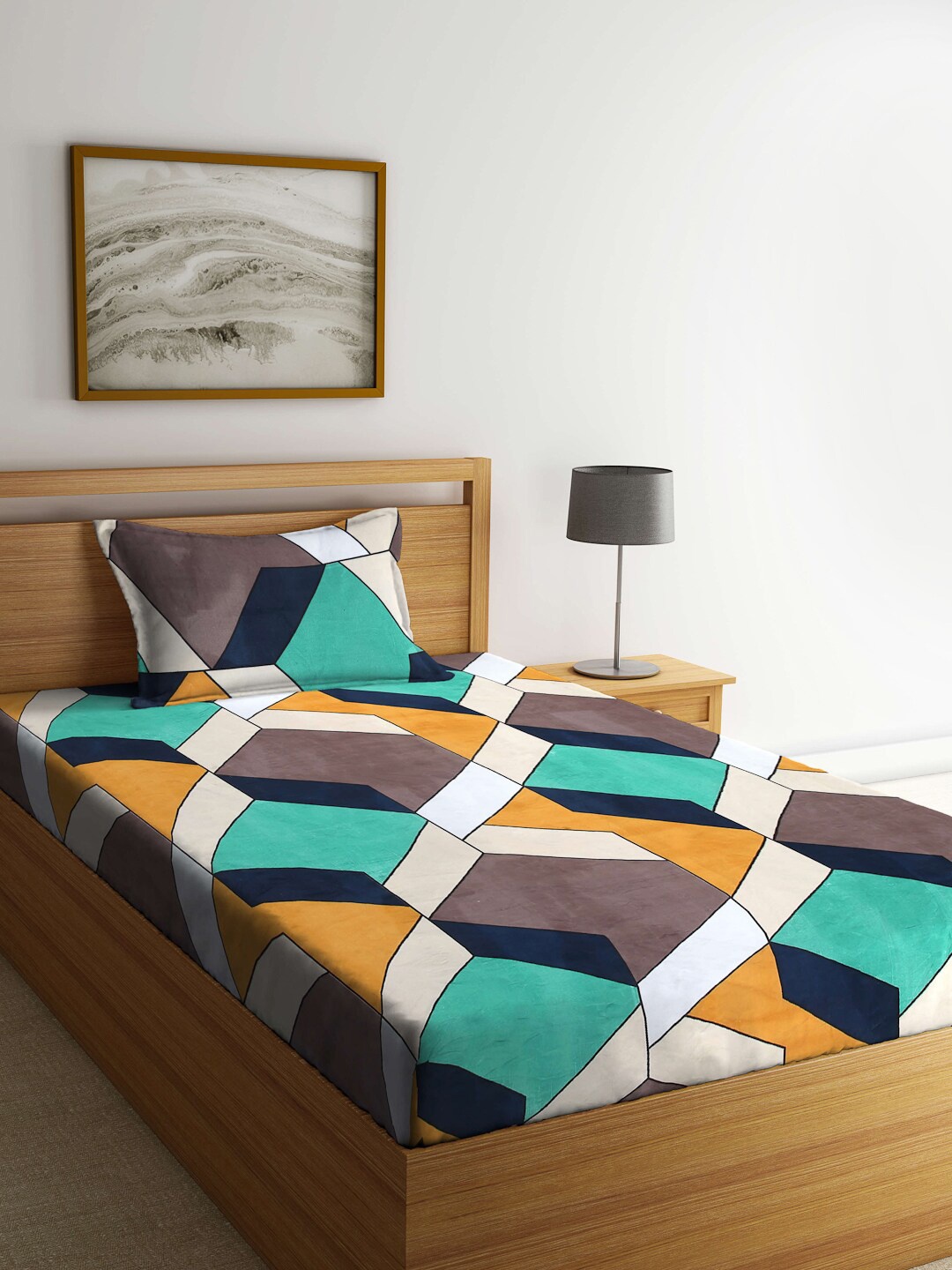 

Arrabi White & Green Geometric 300 TC Single Bedsheet with 1 Pillow Cover