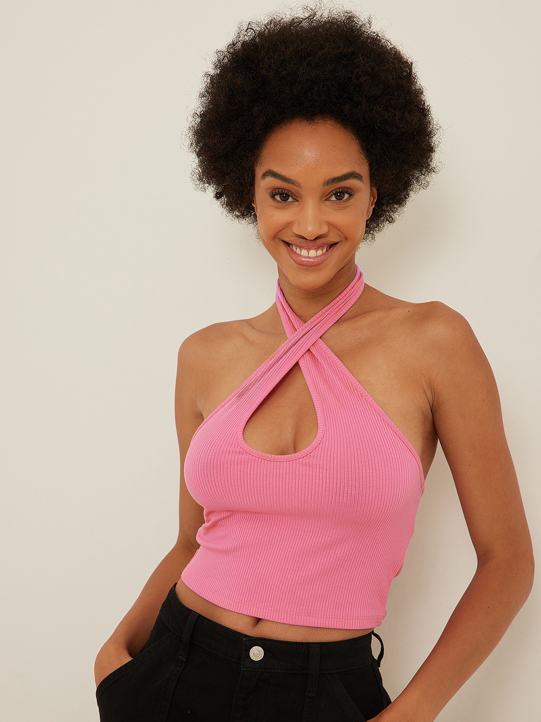 

NA-KD Pink Ribbed Halter Neck Top