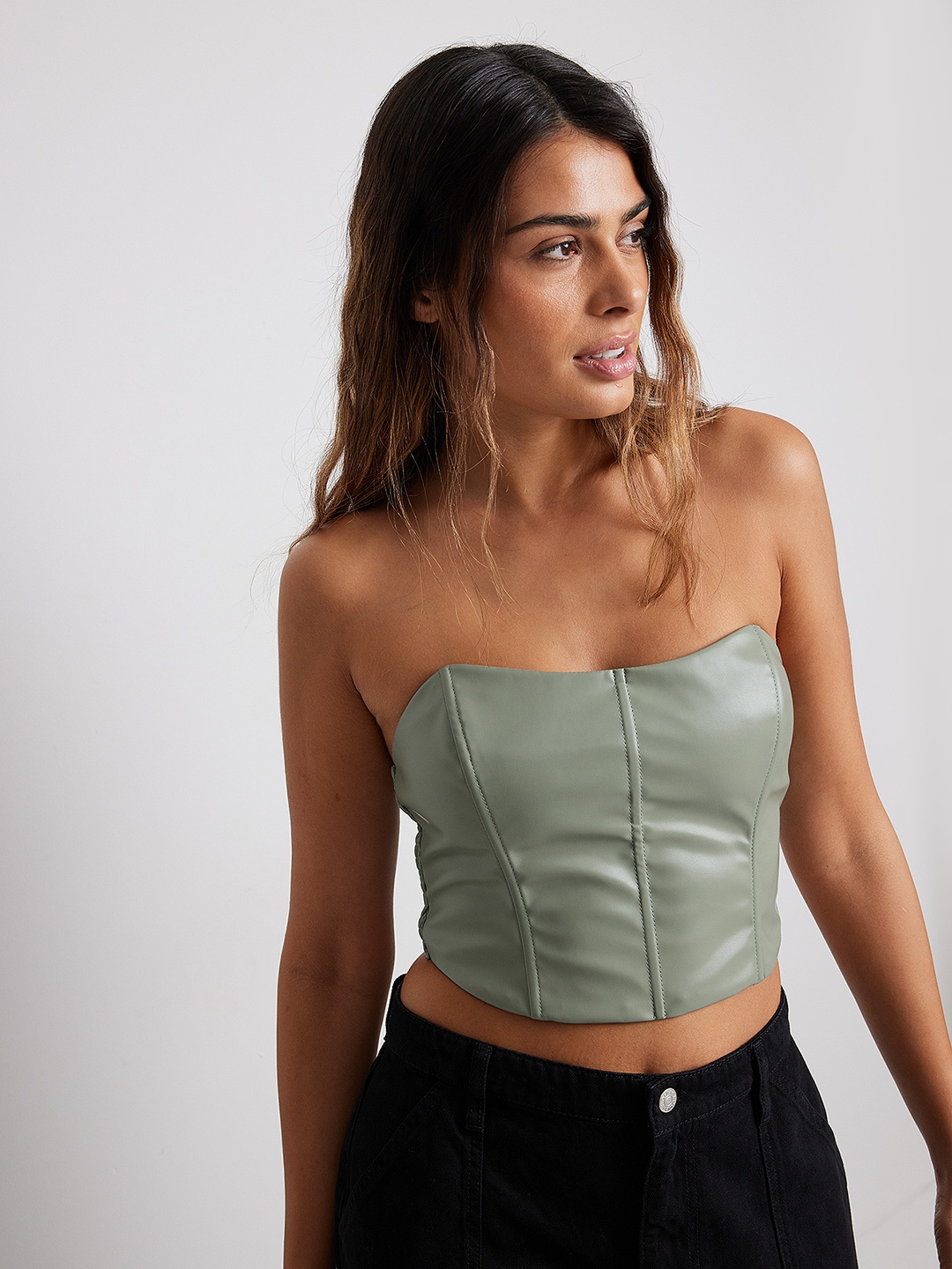 

NA-KD Green Solid Smocked Back Corset Top