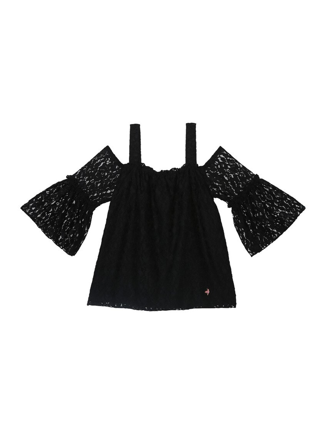 

612League Girls Self-Design Cold-Shoulder Sleeves Top, Black