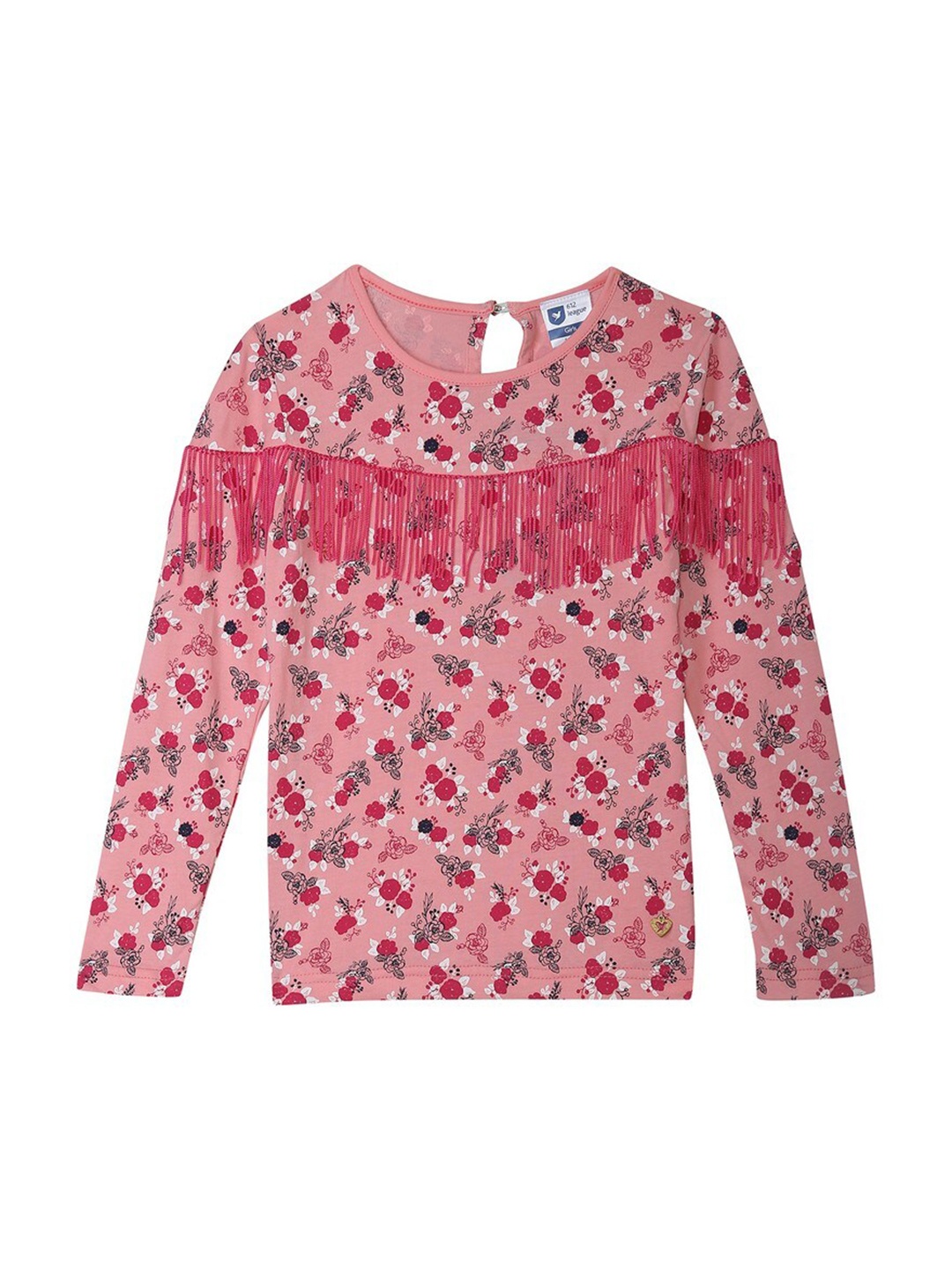 

612League Girls Pink & White Floral Printed Fringed Pure Cotton Top