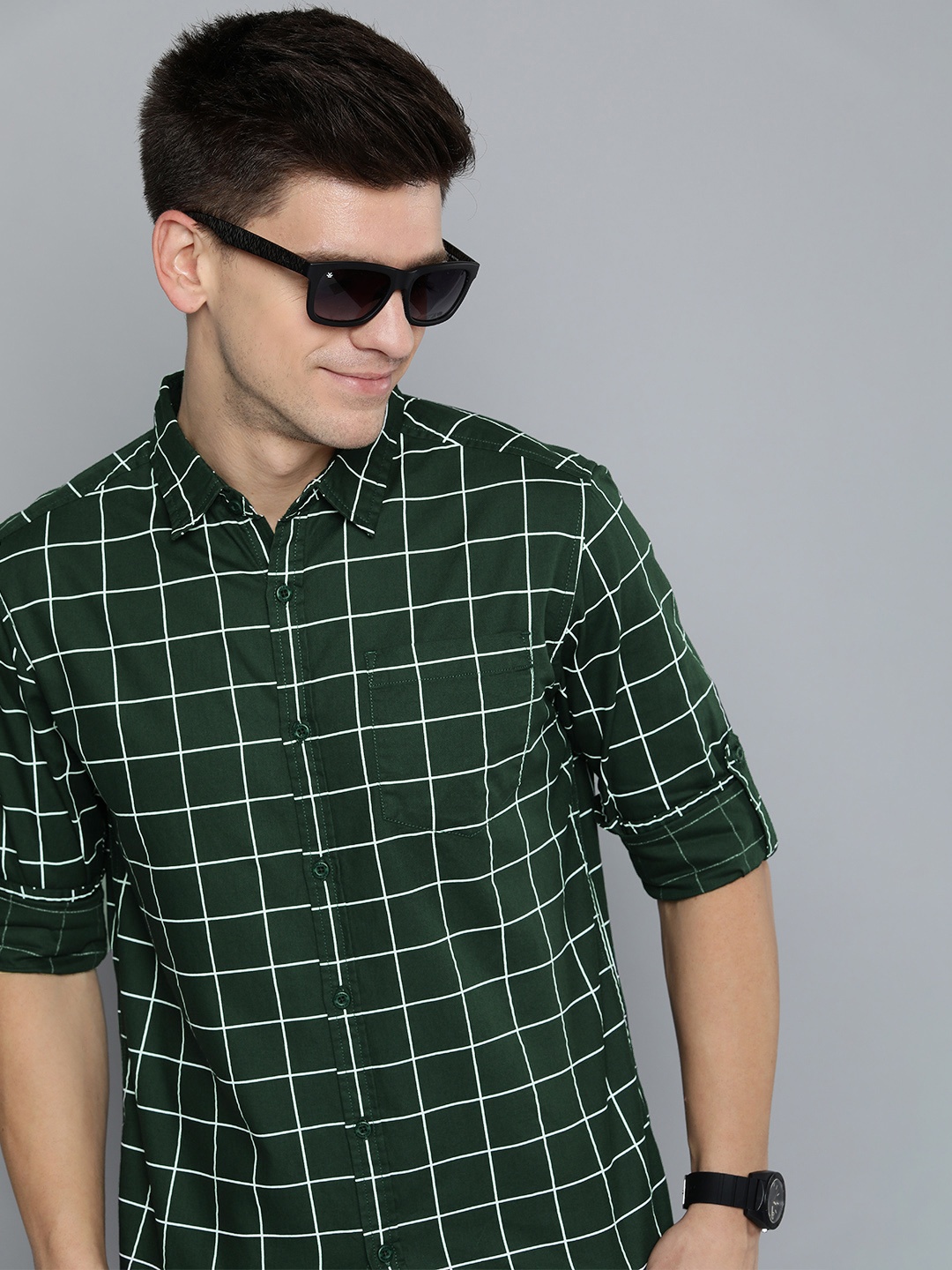 

HERE&NOW Men Dark Green Pure Cotton Slim Fit Windowpane Checks Checked Casual Shirt