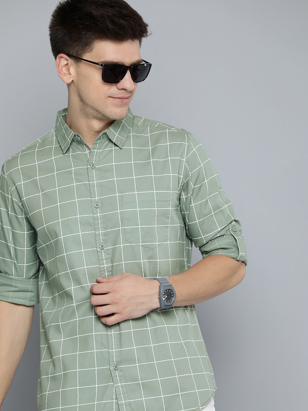 

HERE&NOW Men Green Pure Cotton Slim Fit Windowpane Checked Casual Shirt