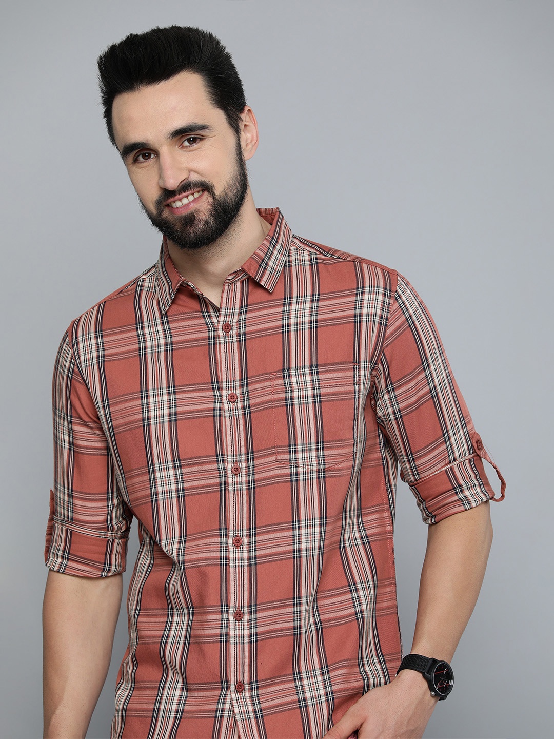 

HERE&NOW Men Rose Pure Cotton Slim Fit Tartan Checked Casual Shirt