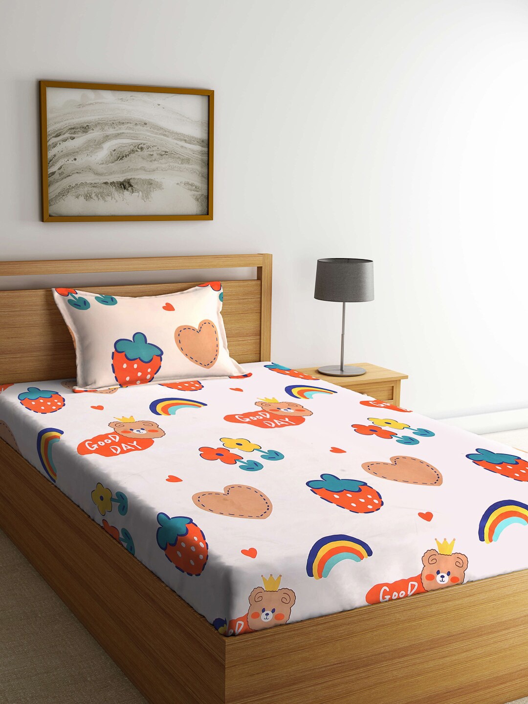 

Arrabi Peach-Coloured & Orange Graphic 300 TC Single Bedsheet with 1 Pillow Covers