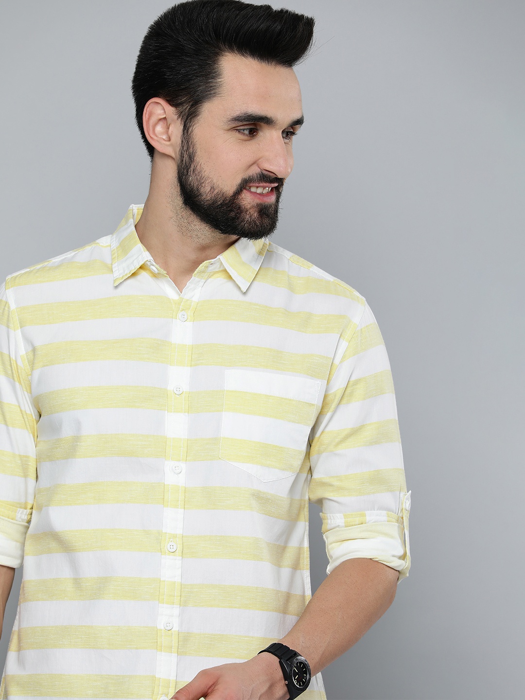 

HERE&NOW Men Lime Green Slim Fit Horizontal Striped Casual Shirt