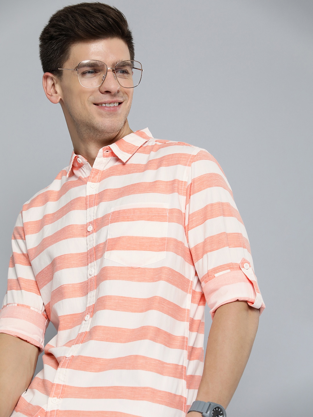 

HERE&NOW Men Orange And White Slim Fit Horizontal Striped Casual Shirt