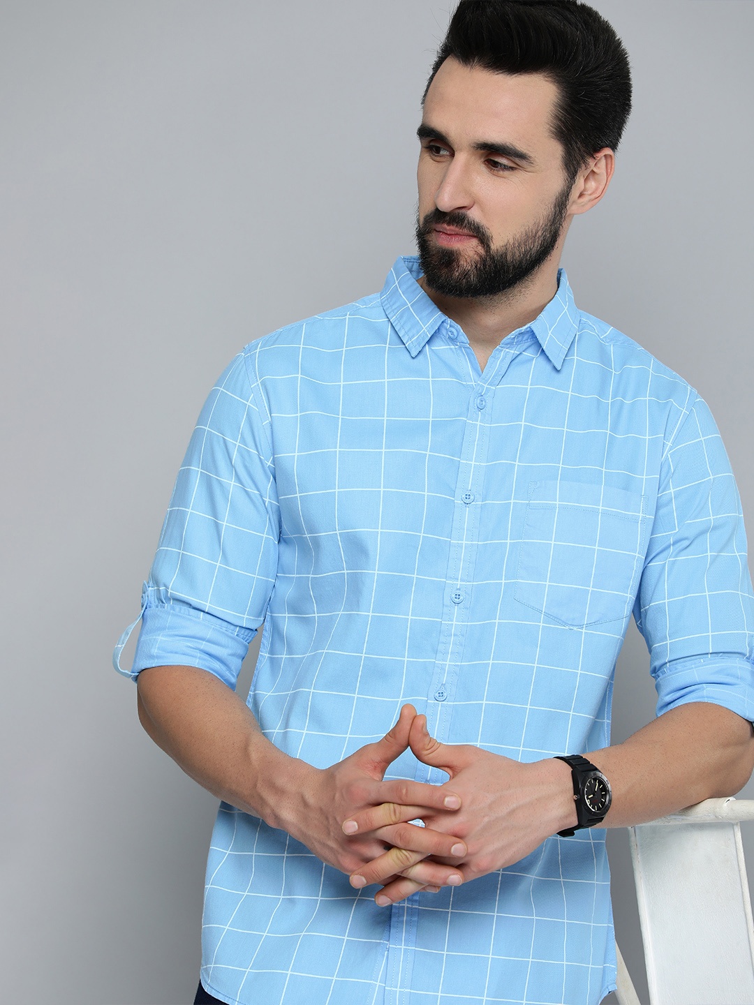 

HERE&NOW Men Blue Pure Cotton Slim Fit Windowpane Checked Casual Shirt