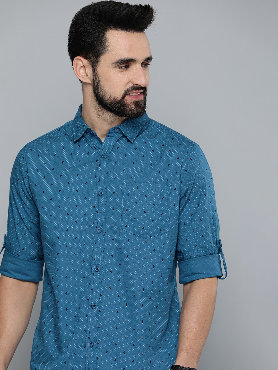 

HERE&NOW Men Blue Pure Cotton Slim Fit Micro Ditsy Printed Casual Shirt
