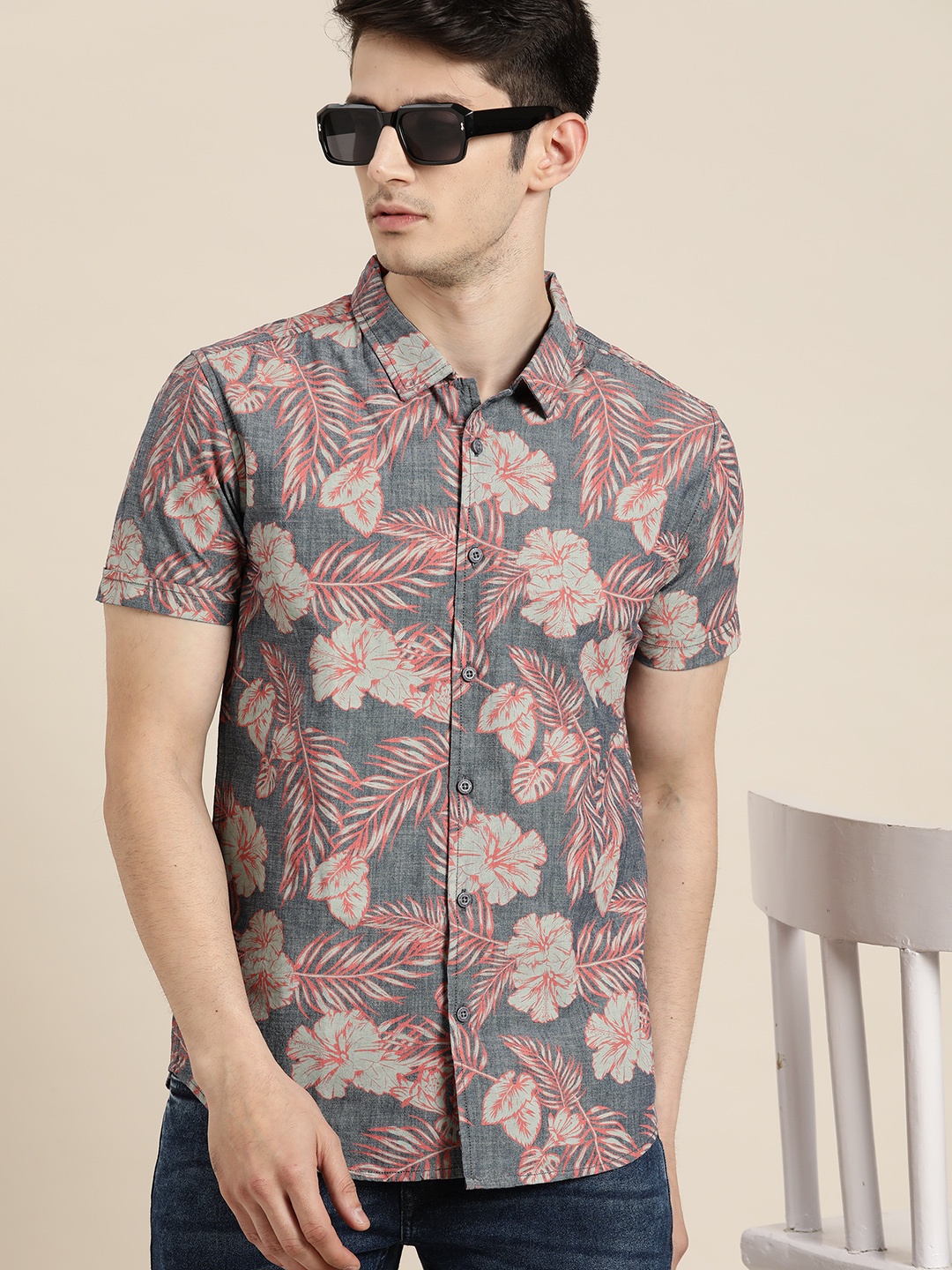 

Moda Rapido Men Slim Fit Floral Printed Pure Cotton Casual Shirt, Navy blue