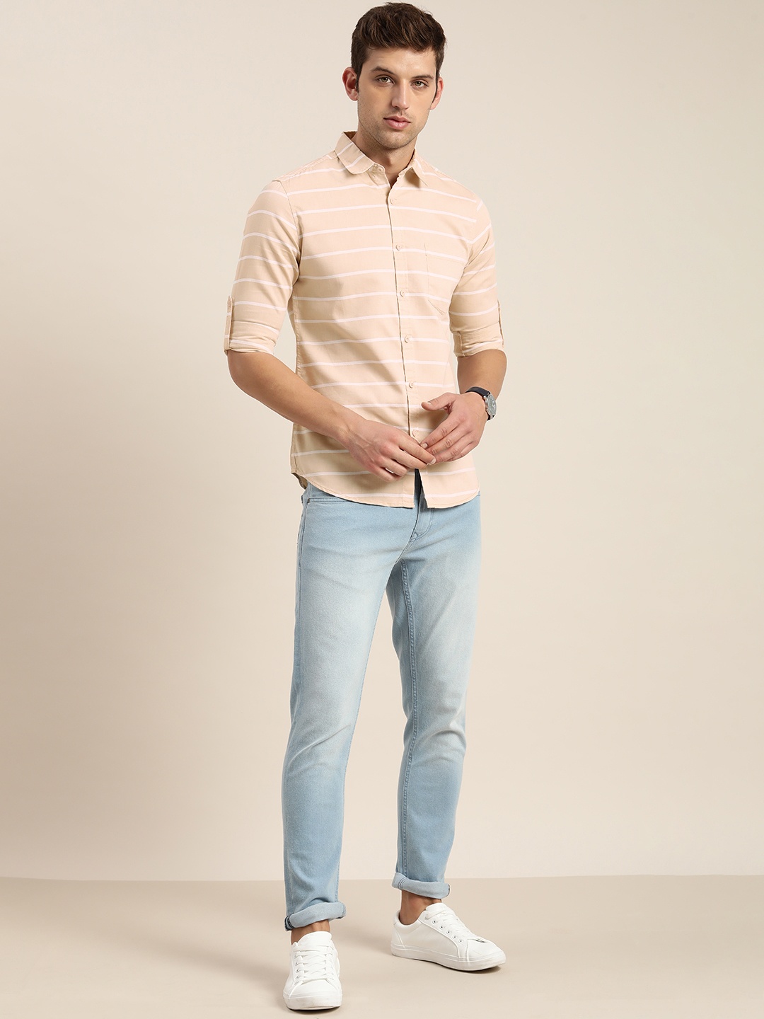 

Moda Rapido Men Peach-Coloured Slim Fit Horizontal Stripes Striped Casual Shirt