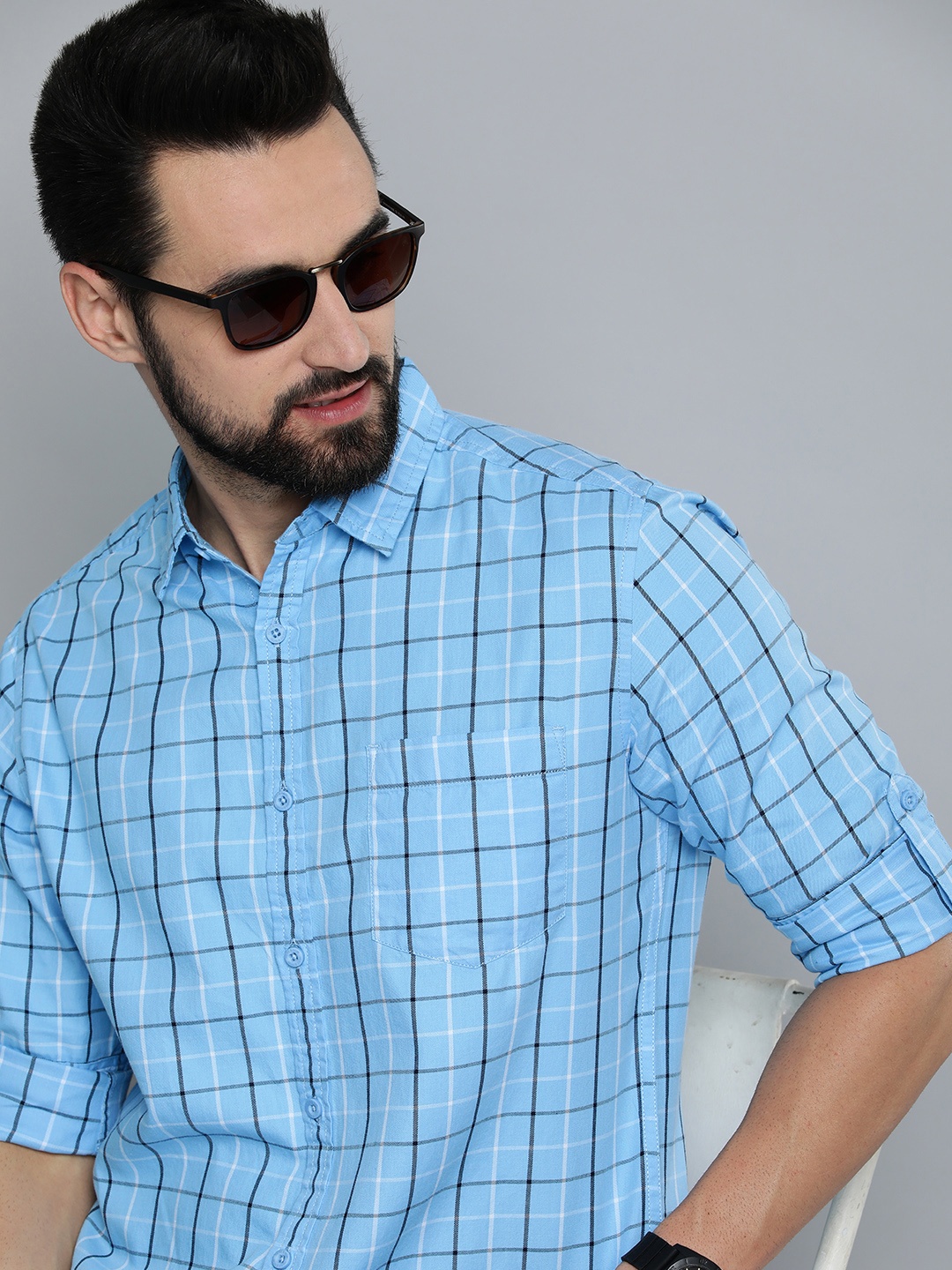 

HERE&NOW Men Blue Pure Cotton Slim Fit Windowpane Checks Checked Casual Shirt
