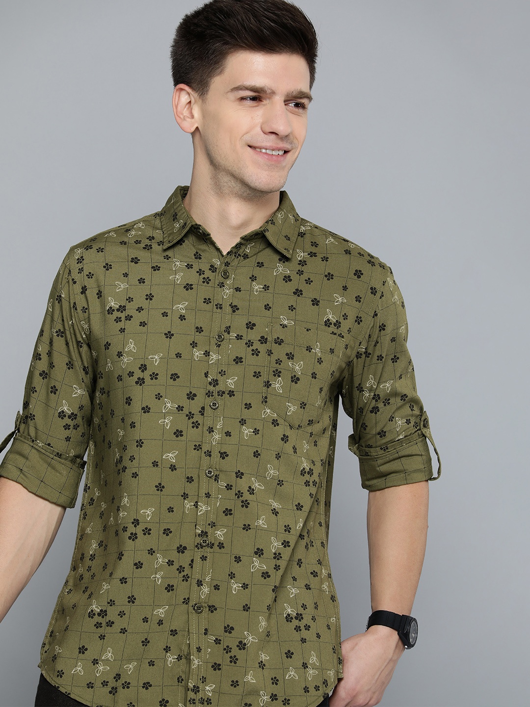 

HERE&NOW Men Green Slim Fit Floral Printed Long Sleeves Casual Shirt