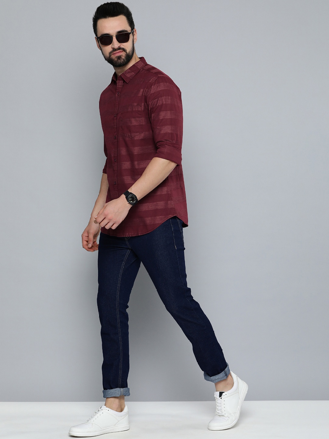 

HERE&NOW Men Maroon Horizontal Striped Casual Shirt
