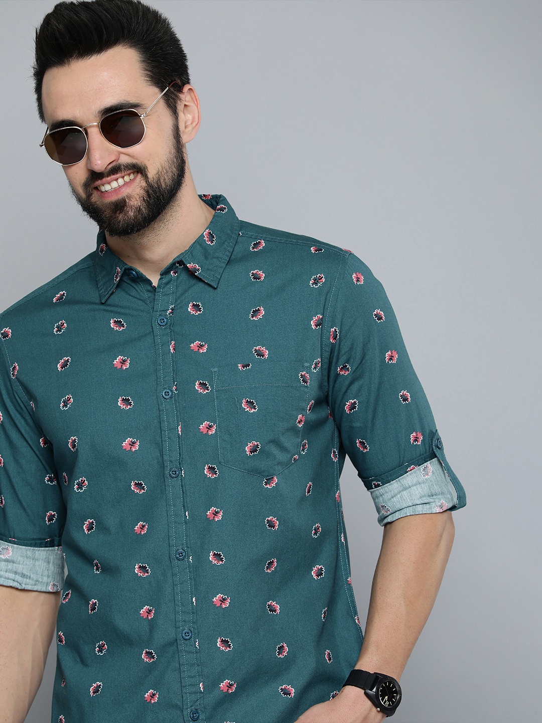 

HERE&NOW Men Sea Blue Pure Cotton Slim Fit Printed Long Sleeve Casual Shirt