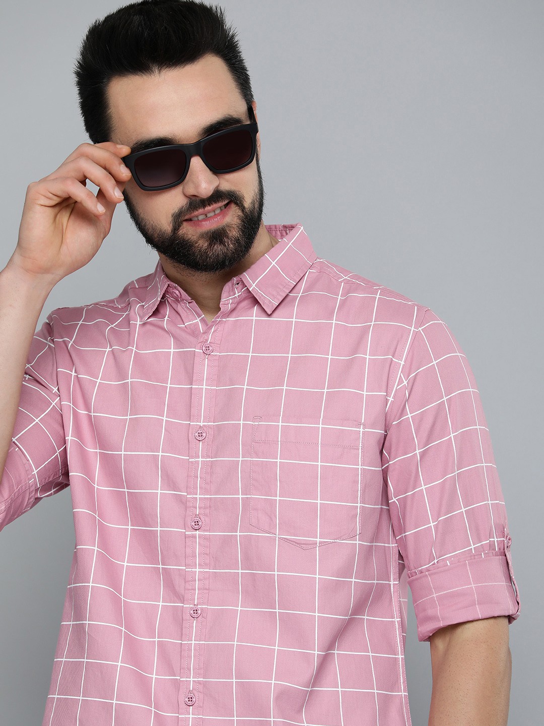

HERE&NOW Men Pink & White Slim Fit Checked Pure Cotton Casual Shirt