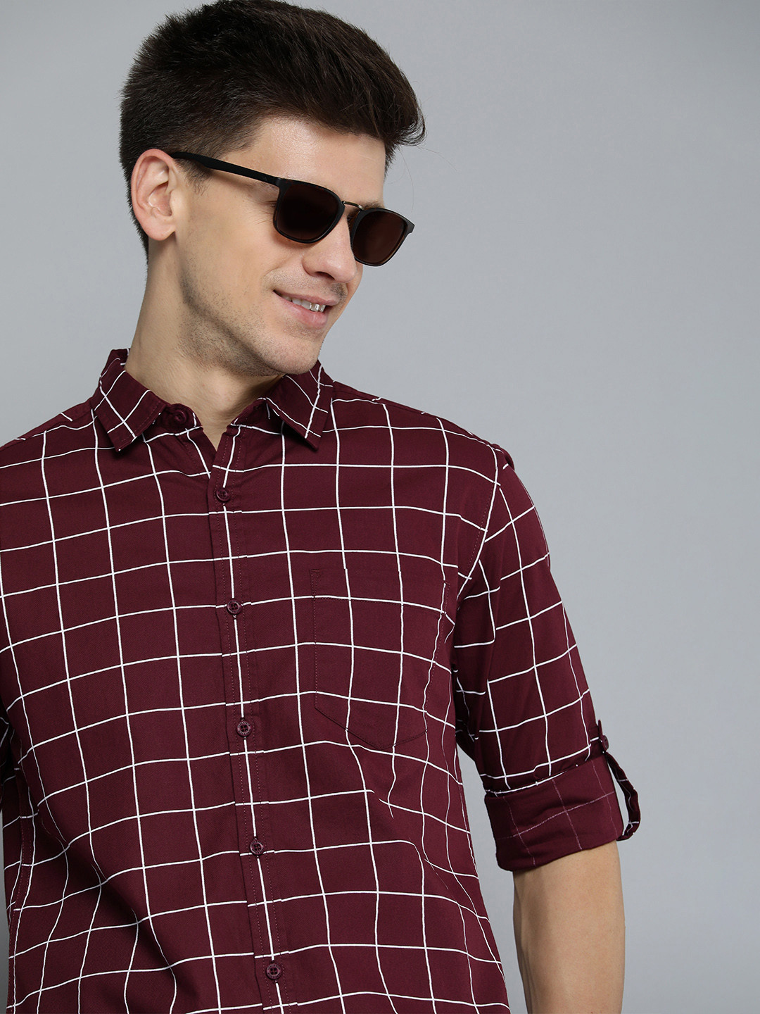 

HERE&NOW Men Maroon And White Slim Fit Grid Tattersall Checked Pure Cotton Casual Shirt