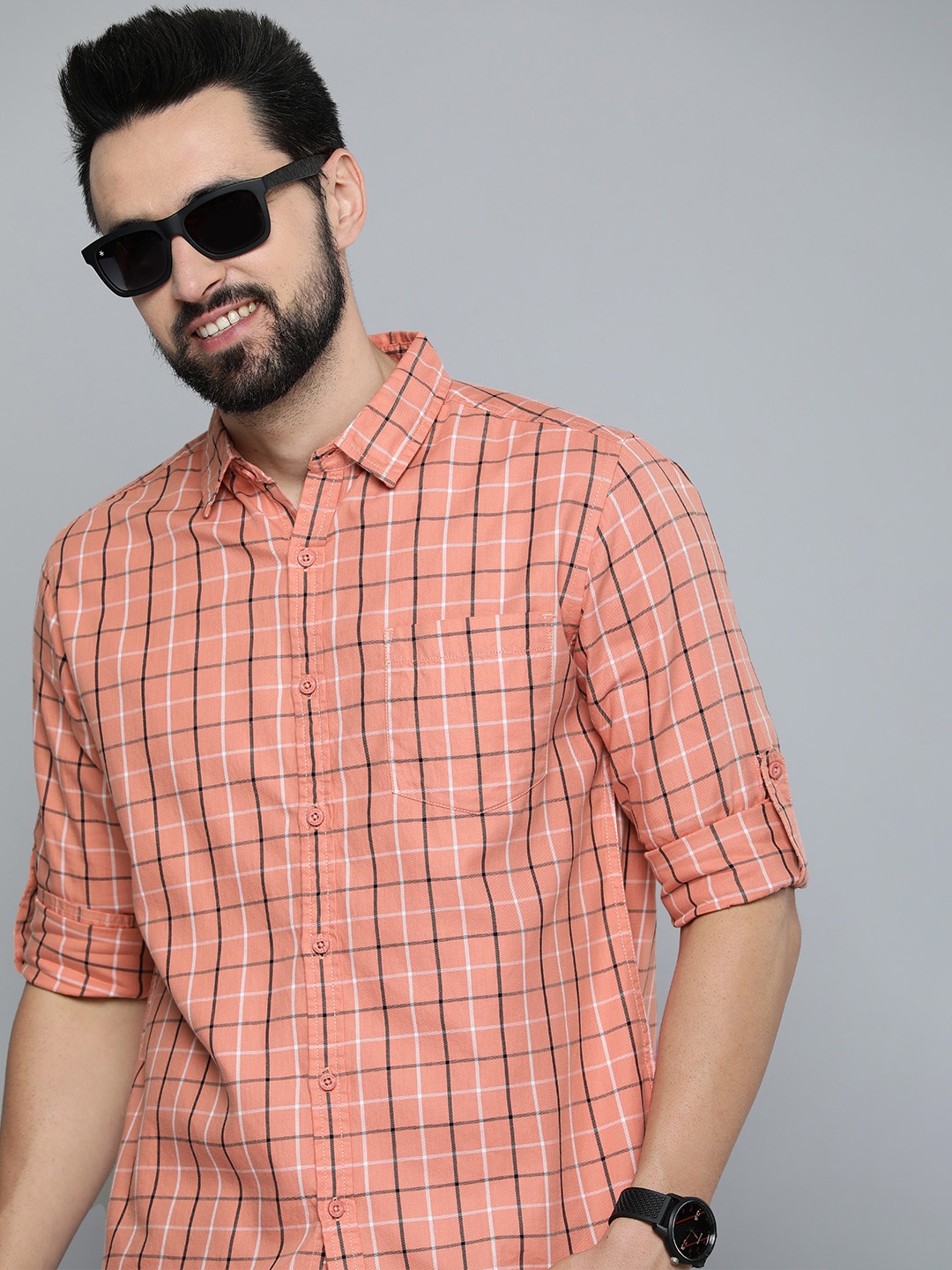 

HERE&NOW Men Orange Pure Cotton Slim Fit Long sleeves Checked Casual Shirt