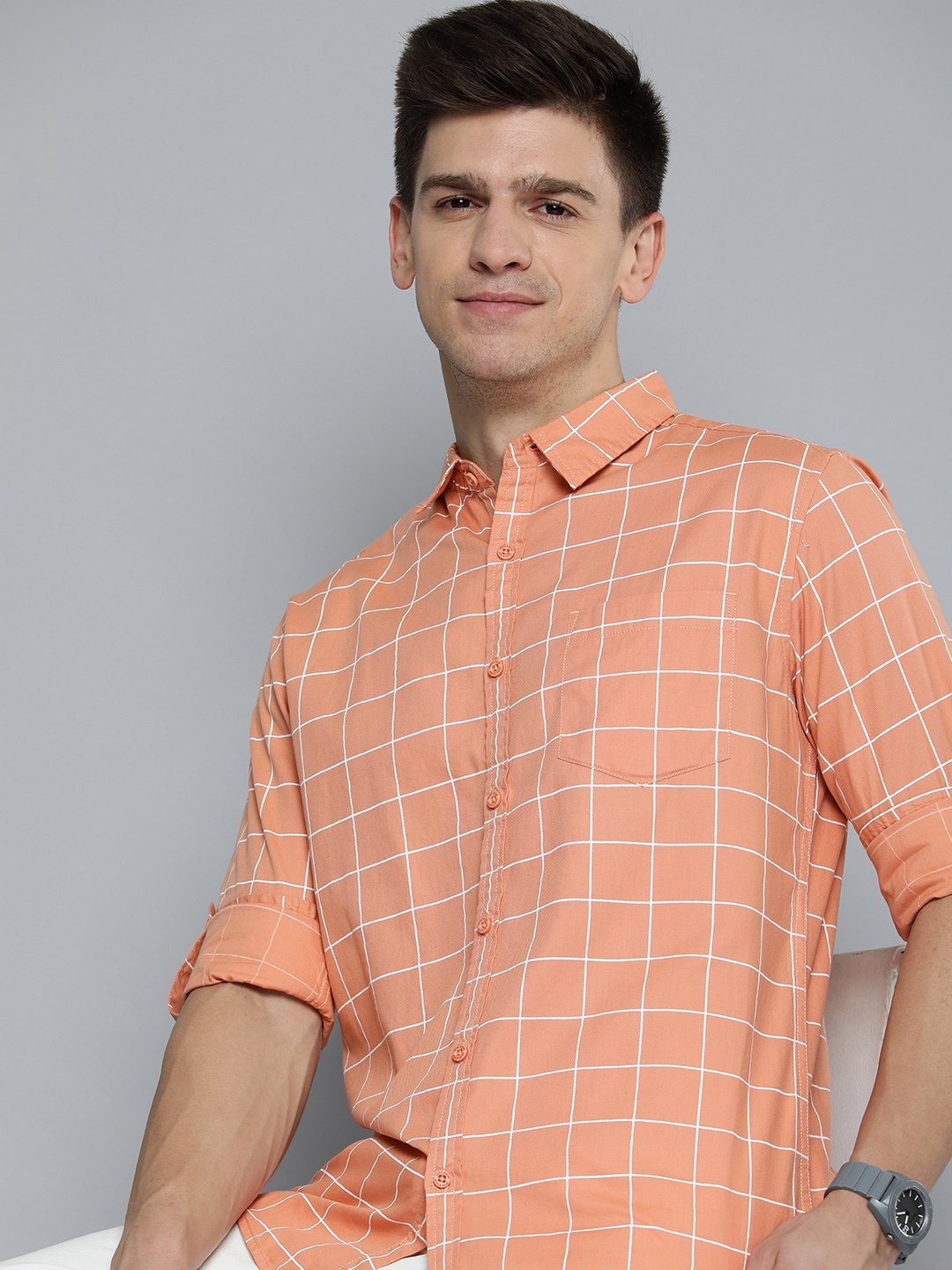 

HERE&NOW Men Orange Pure Cotton Slim Fit Windowpane Checked Casual Shirt