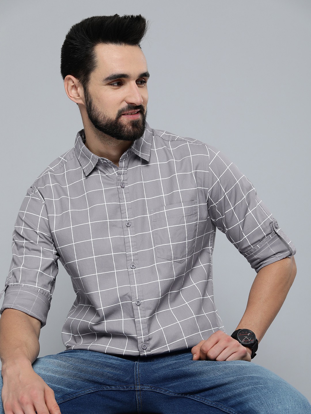 

HERE&NOW Men Grey Pure Cotton Slim Fit Windowpane Checked Casual Shirt