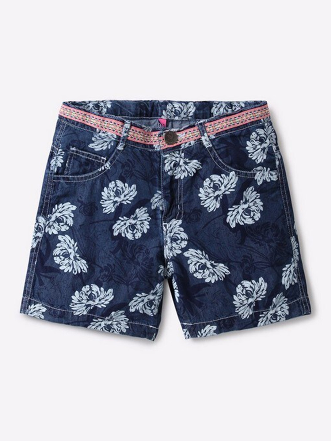 

612League Girls Navy Blue Floral Printed Slim Fit Outdoor Denim Shorts