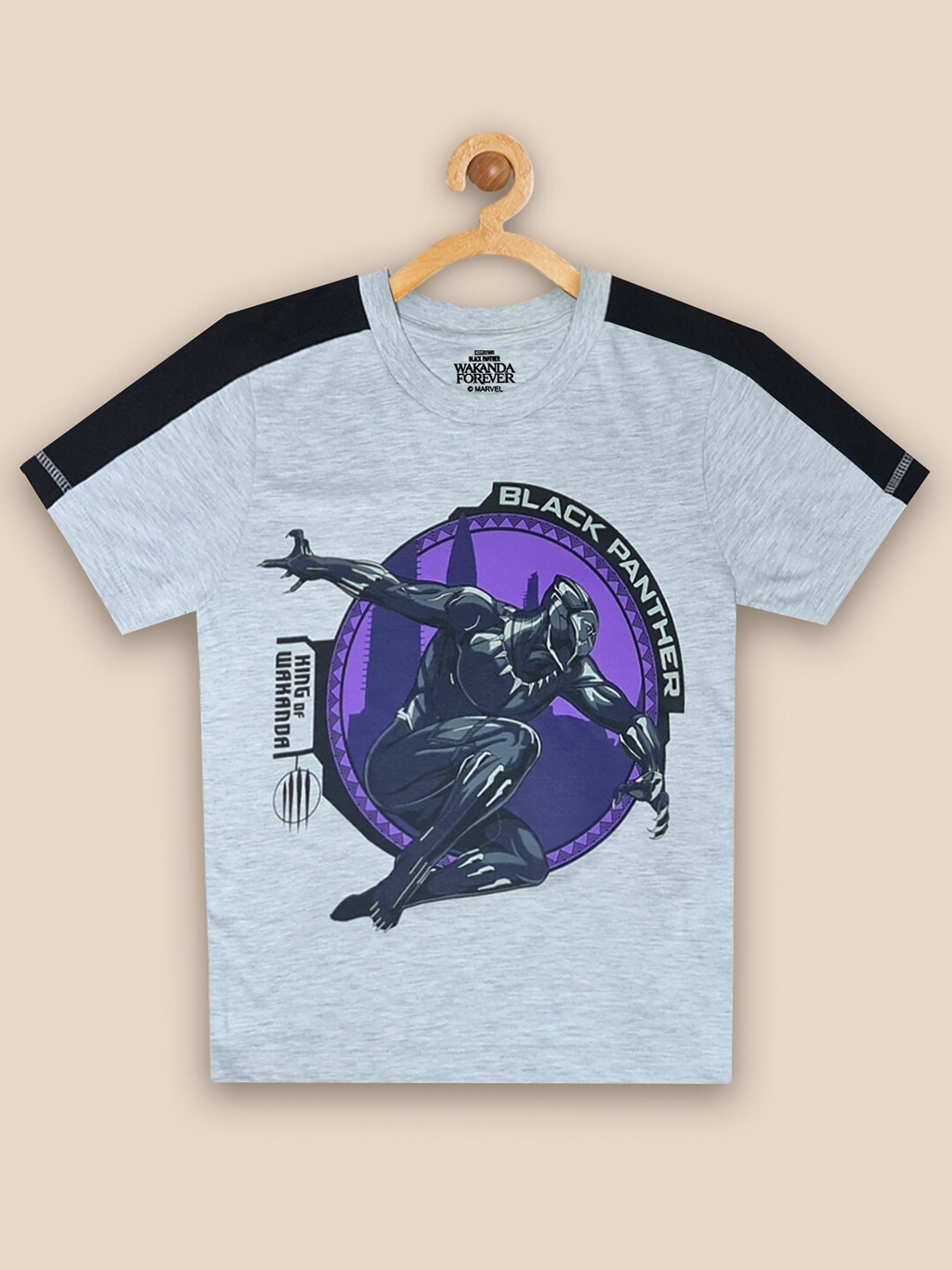 

Kids Ville Boys Grey & Purple Black Panther Printed T-shirt
