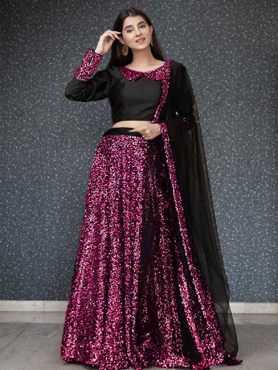 

JSItaliya Pink & Black Sequinned Semi-Stitched Lehenga & Unstitched Blouse With Dupatta