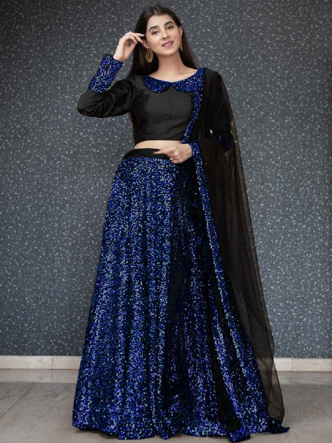 

JSItaliya Blue & Black Sequinned Semi-Stitched Lehenga & Unstitched Blouse & Dupatta Set