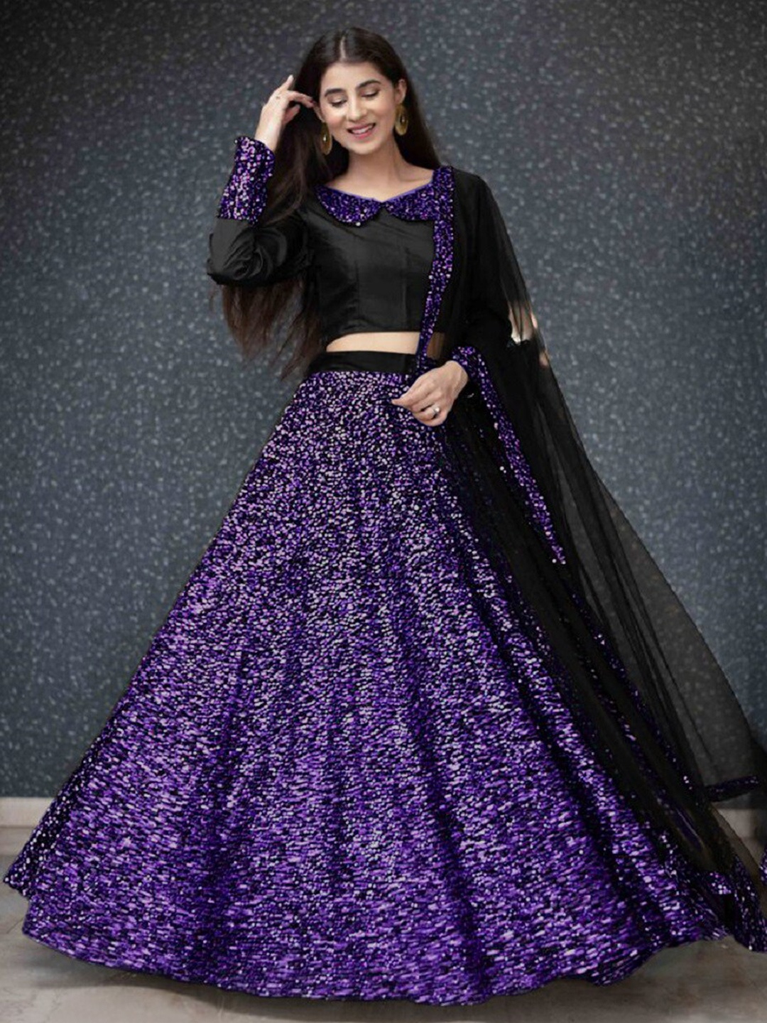 

JSItaliya Purple & Black Sequinned Semi-Stitched Lehenga & Unstitched Blouse With Dupatta