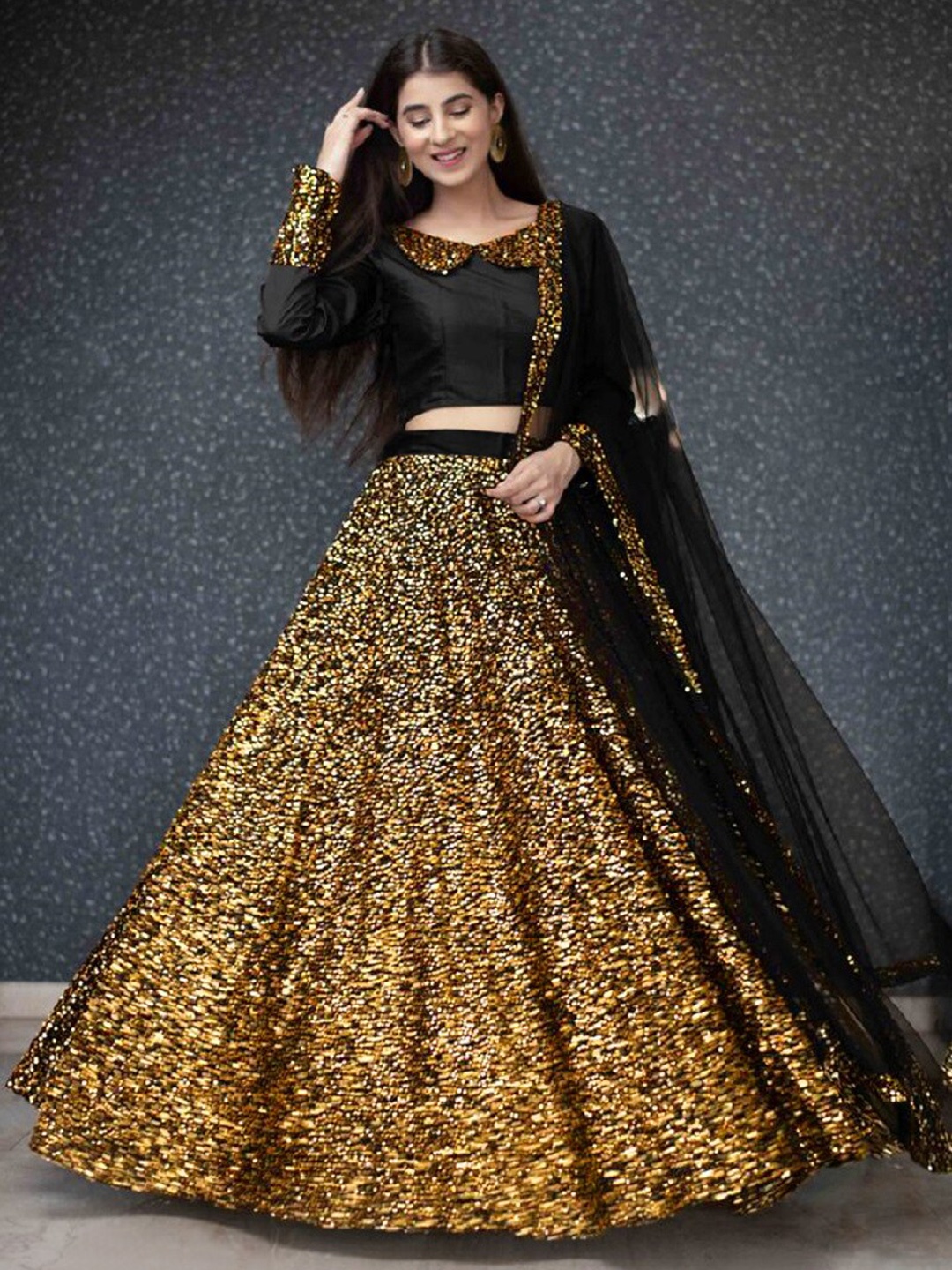 

JSItaliya Women Black & Gold Semi-Stitched Lehenga & Unstitched Blouse With Dupatta