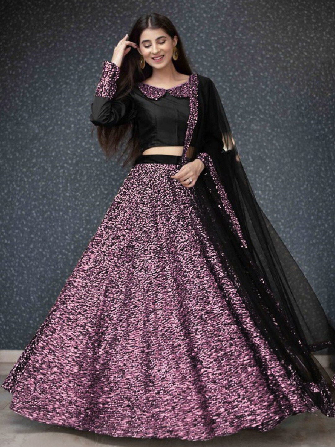 

JSItaliya Pink & Black Sequinned Semi-Stitched Lehenga & Unstitched Blouse With Dupatta